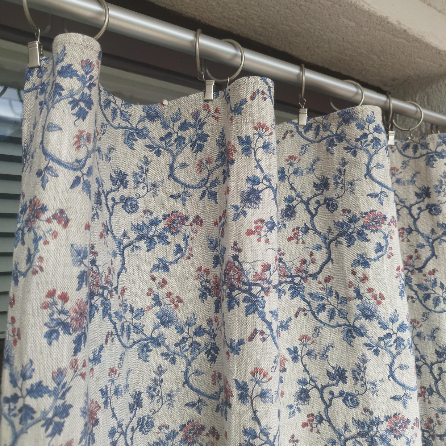 Curtains 100% Linen with botanical red blue toile de jouy print PREWASHED. kitchen Living room farmhouse linen window panel