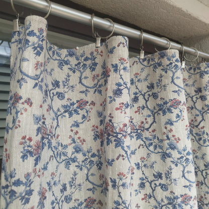 Curtains 100% Linen with botanical red blue toile de jouy print PREWASHED. kitchen Living room farmhouse linen window panel