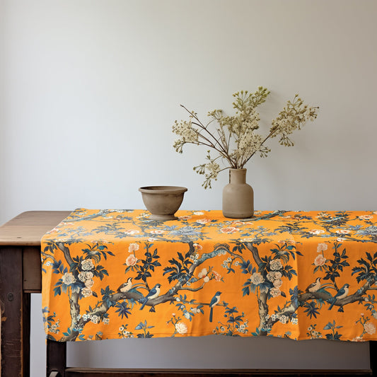 Designer Floral Linen tablecloth Toile de jouy in mustard, botanical table cloth in linen with tree blossom and birds