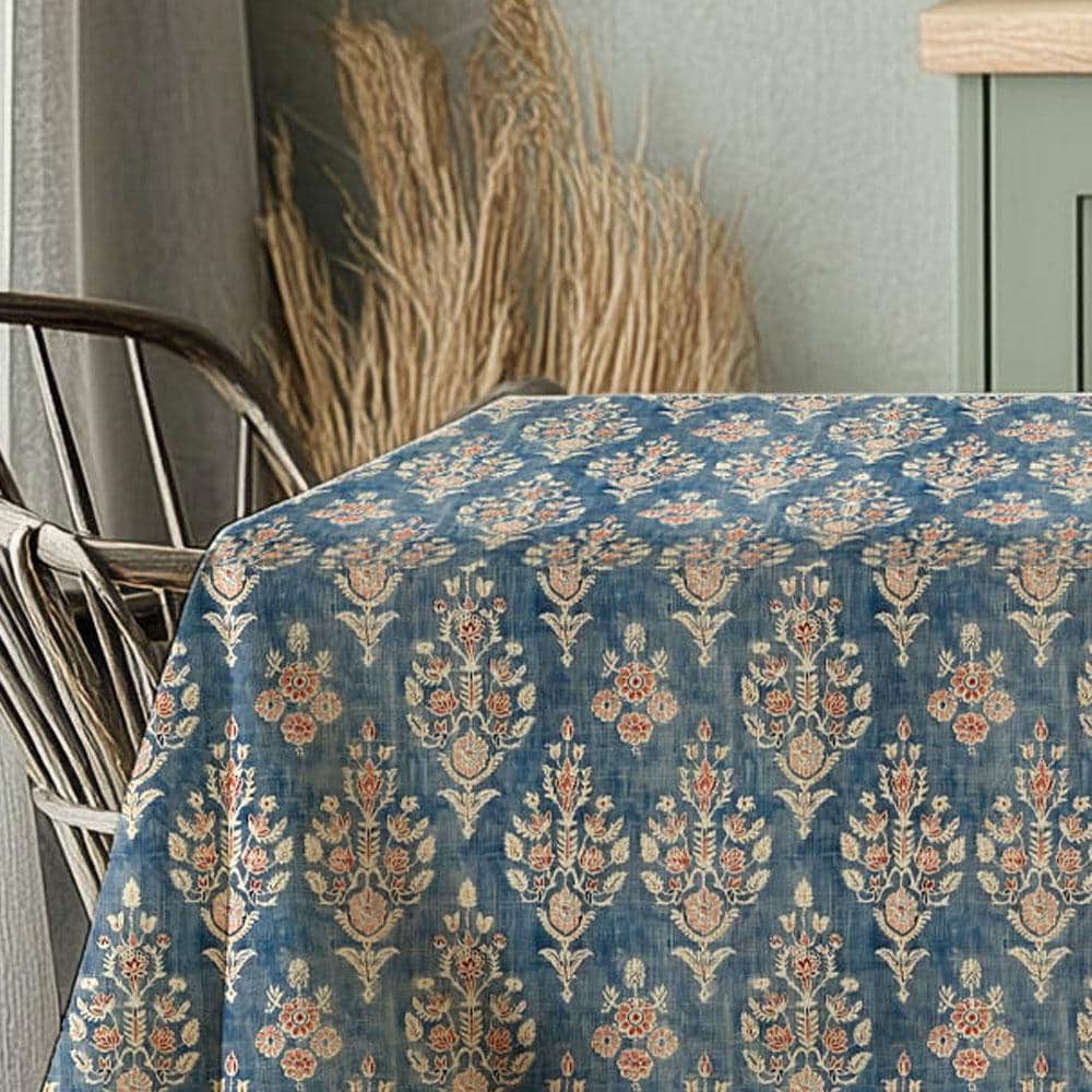 French placemat or tablecloth with Blue print -  French Retro Vintage table cloth Bohemian Blue on natural linen with floral block stamp