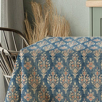 French placemat or tablecloth with Blue print -  French Retro Vintage table cloth Bohemian Blue on natural linen with floral block stamp