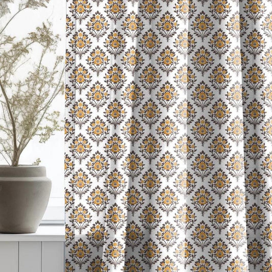 Modern vintage Curtains 100% Linen with botanical block print in green on white linen - kitchen Living room farmhouse linen window panel