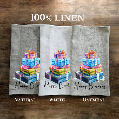 Birthday cake Towel Gift kitchen towels in linen, Birthday Towel Gift Girlfriend Gift, Floral Birthday Tea Towels, Birthday Dish Towel