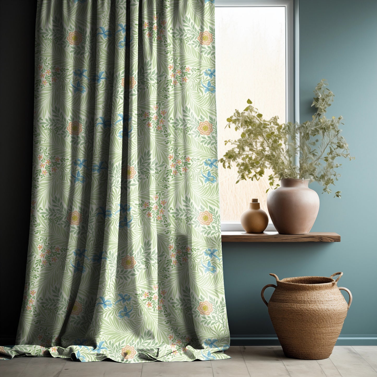 William Morris Curtain Panel Lakspur, Floral Botanical green Print Curtain Panels in custom size,  Curtains for living room