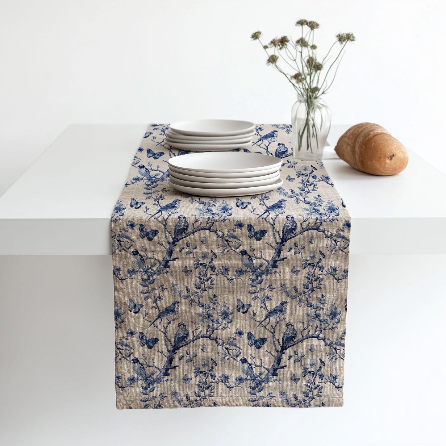 Coastal Linen runner -Toile de jouy block print natural linen - indigo blue Rustic linen Marine Cottage farmhouse country style