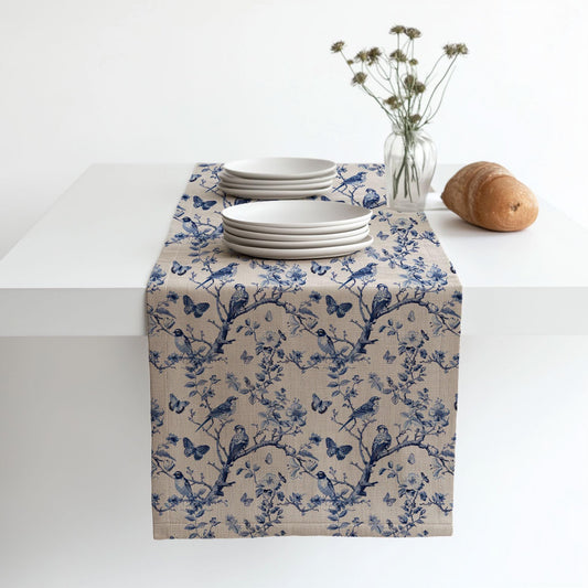 Coastal Linen runner -Toile de jouy block print natural linen - indigo blue Rustic linen Marine Cottage farmhouse country style