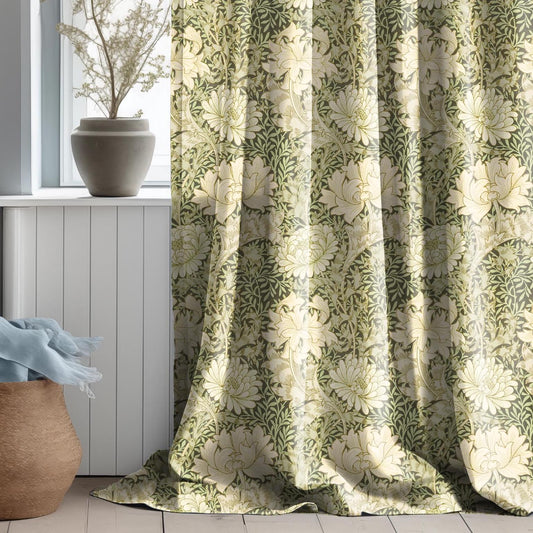 William Morris Curtain Panel Chrysanthemum, Floral Botanical green Print Curtains Panels in custom size, Botanical Curtains for living room