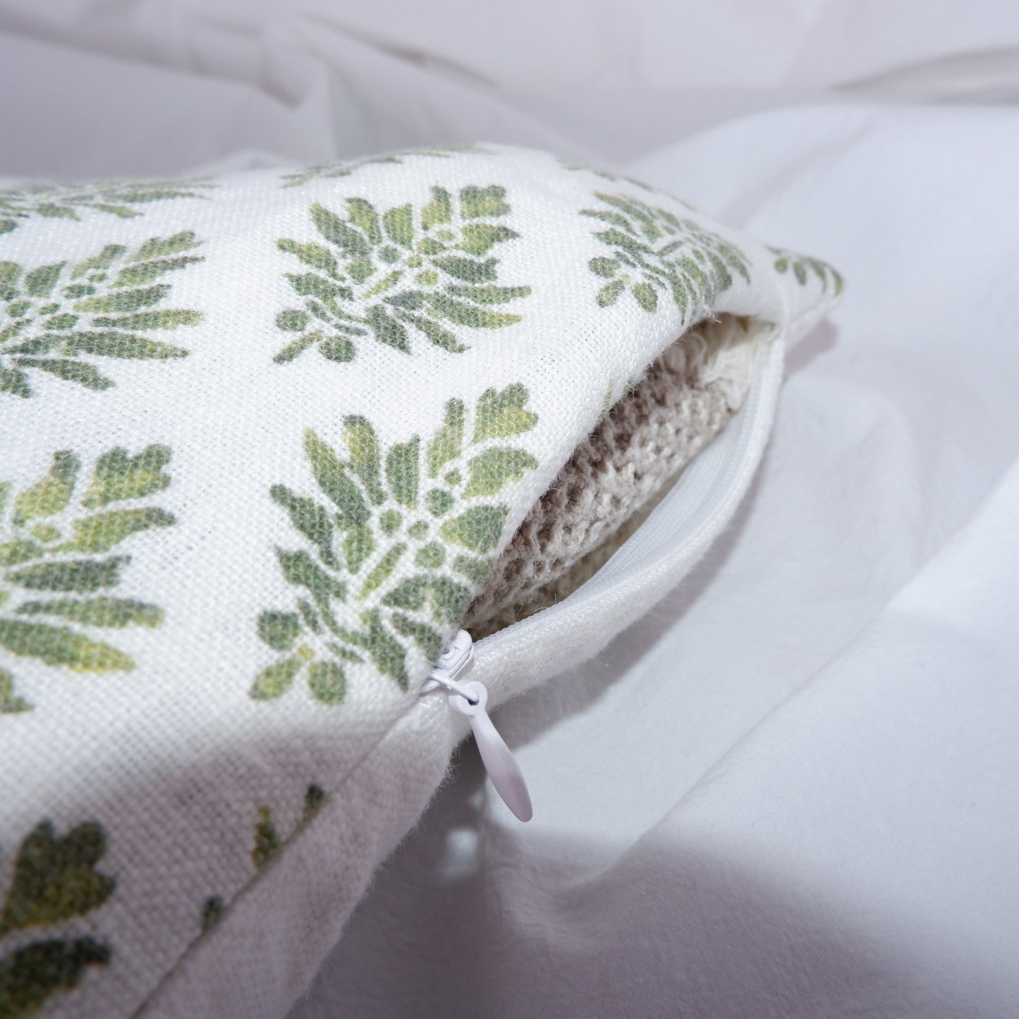 Designer Olive Green Floral on Linen Pillow Cover, Dark Green Boho Pillow, Farmhouse Floral Block printed pillow