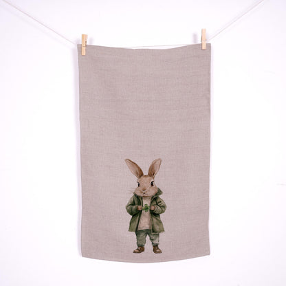 Bunny Floral Tea Towel in linen - rabbit with four clover Hand Towels Tea - Farmhouse Floral Dish Towel - Easter Décor Kitchen Tea Towel