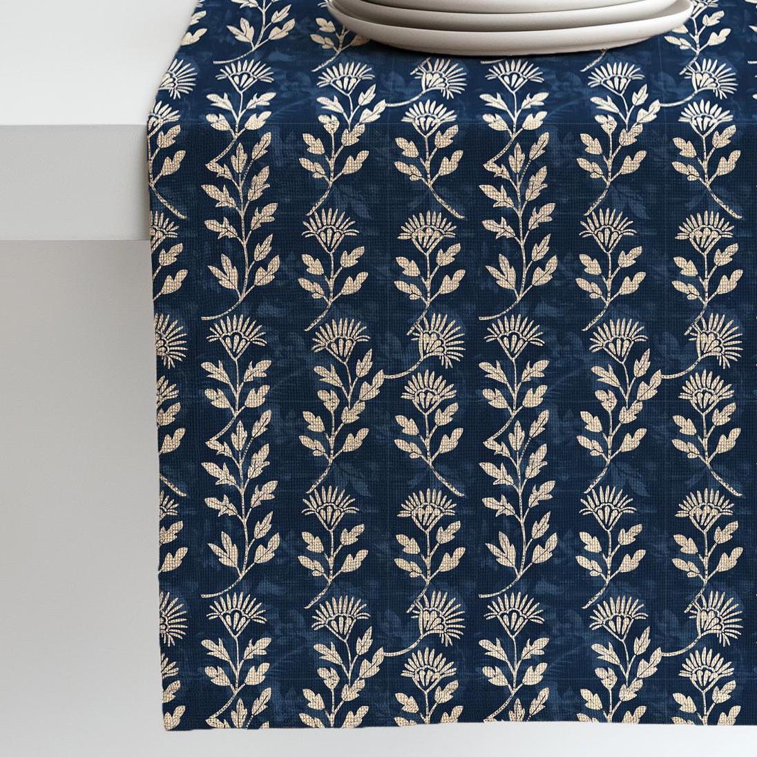 Indigo blue Linen runner - Japanese Hannes block print natural linen - indigo blue Rustic linen Marine Cottage farmhouse country style