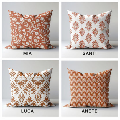 Modern rust linen Floral Pillow Cover, white rust Boho Pillow block print on linen, Coutrynome block printed pillow case in European flax