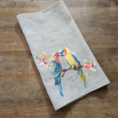 Friendship Tea Towel in linen - Hand Towels Tea with Birds - Dish Towel Kitchen Décor Festive season Christmas Friends Parrot love