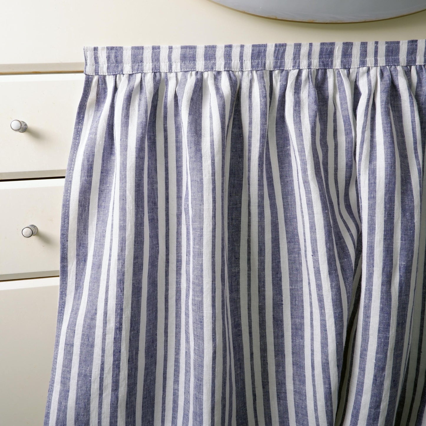 Custom Sink Skirt with velcro in stripe blue white  - Handmade Fireplace Curtain - Custom Sizes Linen Valance farmhouse sink curtains