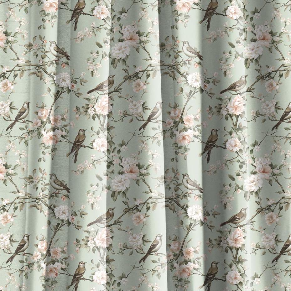 Curtains 100% Linen Toile de jouy Pale green Brids print PREWASHED - kitchen Living room farmhouse linen window panel