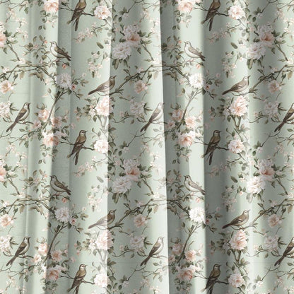 Curtains 100% Linen Toile de jouy Pale green Brids print PREWASHED - kitchen Living room farmhouse linen window panel