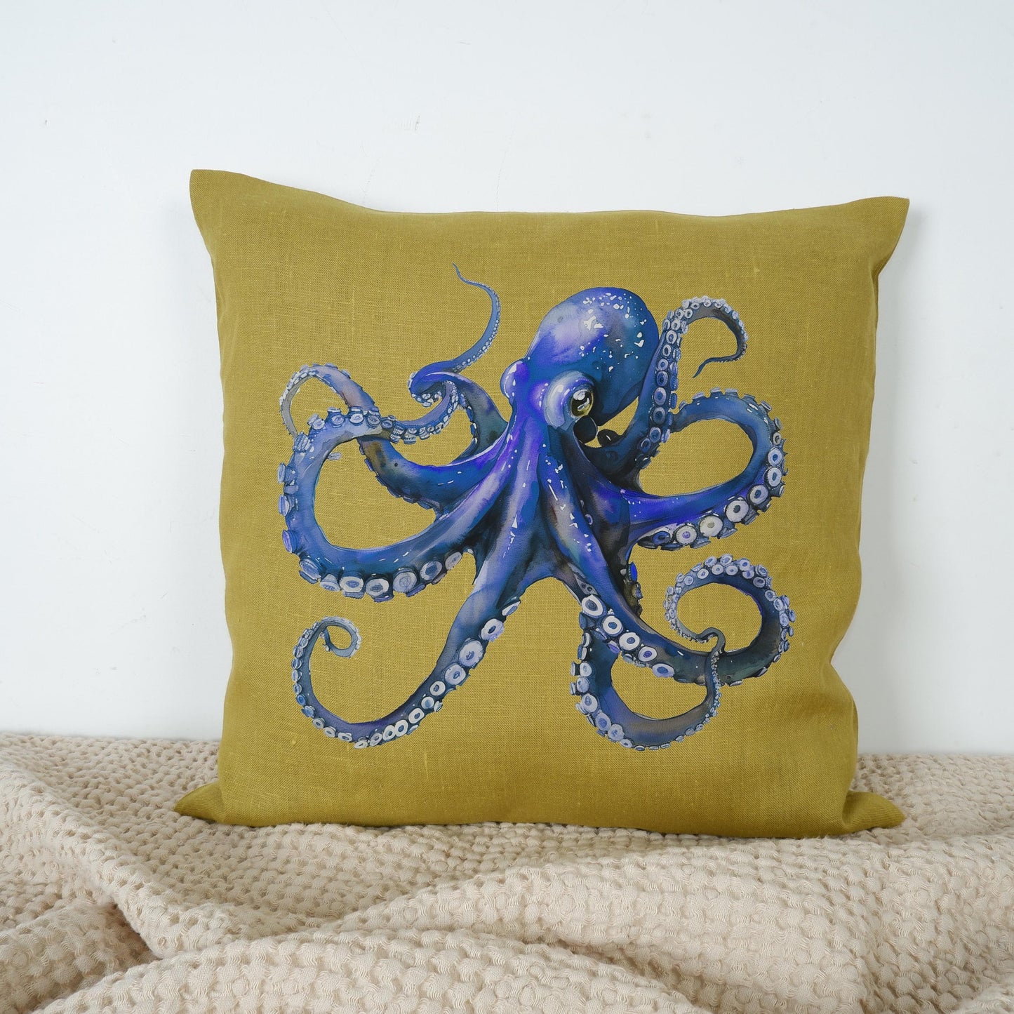 LINEN Cushion cover with Octopus print / Marine decorative linen pillow cover / Coastal marine decor Cushion Housewarming Gift
