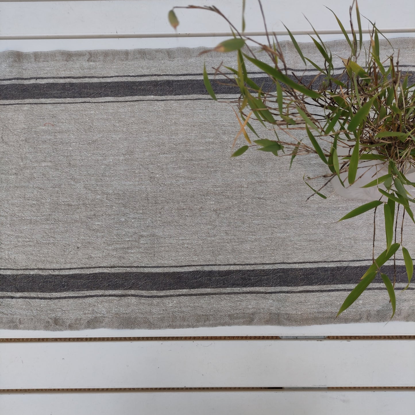Linen runner - french sack linen. Green natur black striped Rustic linen Cottage farmhouse country style linen. Stonewashed. 100% flax