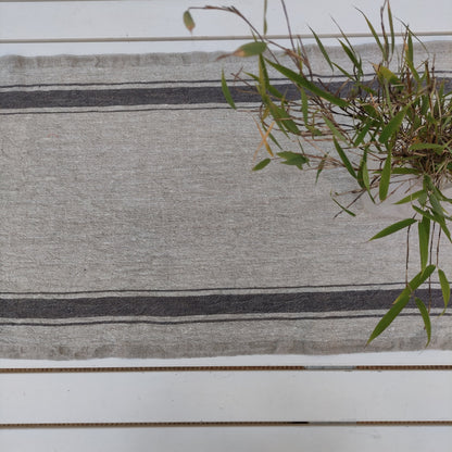 Linen runner - french sack linen. Green natur black striped Rustic linen Cottage farmhouse country style linen. Stonewashed. 100% flax