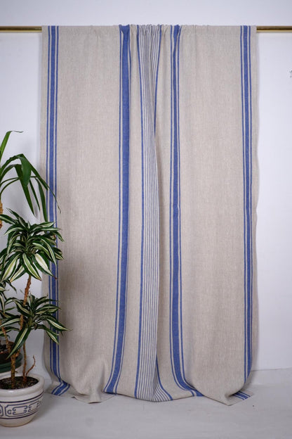 Curtains 100% Linen striped PREWASHED, window panel kitchen Living room farmhouse curtains. Grain Sack flax Bedroom indigo navy blue striped