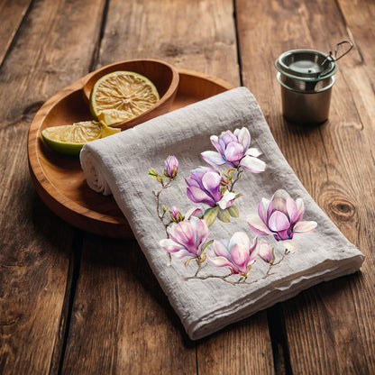 Magnolia Tea Towel in linen, floral Hand Towels Tea, botanical Floral Dish Towel, Floral Kitchen Décor Tea Towel