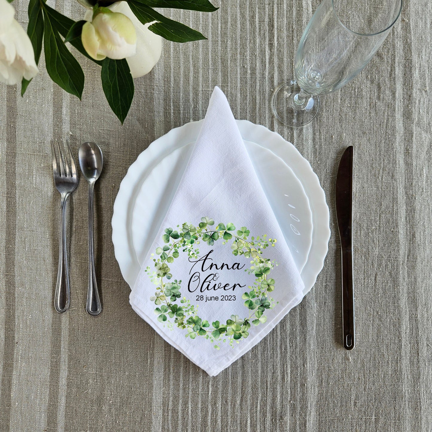 Custom Design White Cloth Cocktail Napkins, luxury weddings menu napkins in linen, Custom Names Napkins