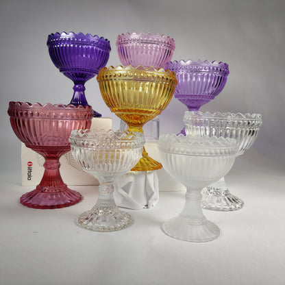 Marimekko bowl, Mariskooli, littala - yellow, red, brown, clear glass, garnet red, pale pink, amethyst, pale lillac, matt glass