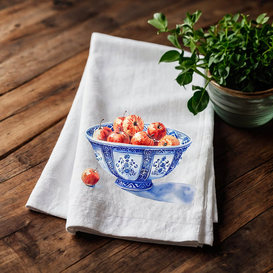 Apple bowl Tea Towel in linen, Chinoise bowl Hand Towels Tea in linen, linen  Dish Towel, Holiday Kitchen Décor Tea Towel in linen