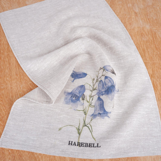 Harebell kökshandduk i linne, blommiga handdukar, botanisk blommig diskhandduk, lila blomma kökshandduk