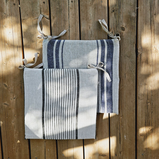 Linen Seat Cushion striped with ties - Striped Chair Pad Pillow - Natural French Style Heavy Weight 100% Linen Fabric