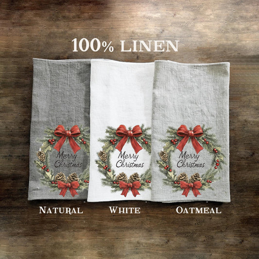 Christmas Tea Towel in linen, Christmas wreath Hand Towels Tea, linen  Dish Towel Holiday Kitchen Décor Tea Towel