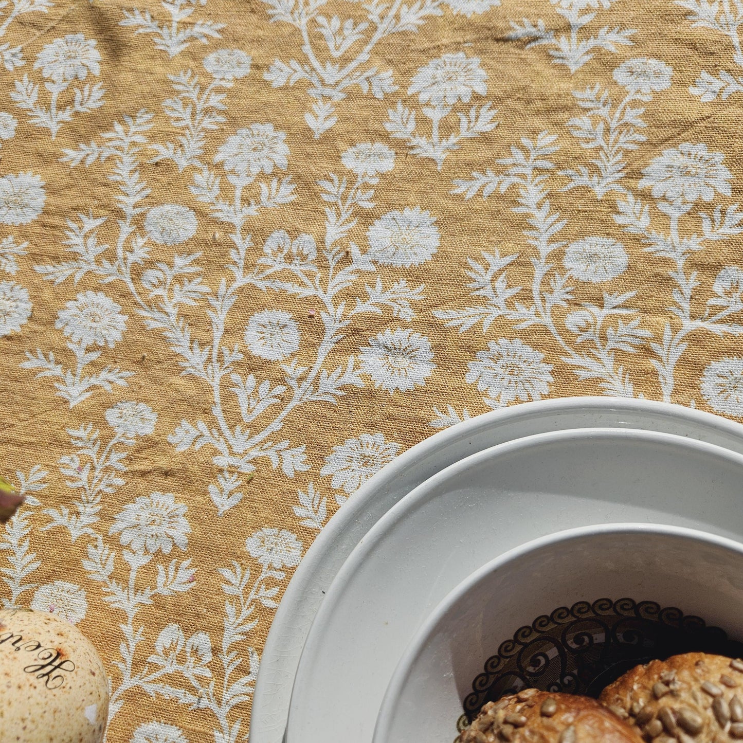 Linen foral tablecloth in mustard black print floral, Sophisticated designer contemporary tablecloth in linen