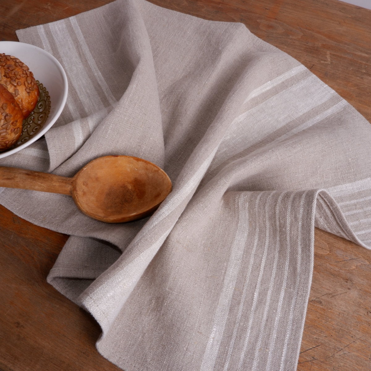 Washed linen kitchen towel in french blue stripes . Guest hand towel Natural dish towel. Striped French style thick linen tea towels