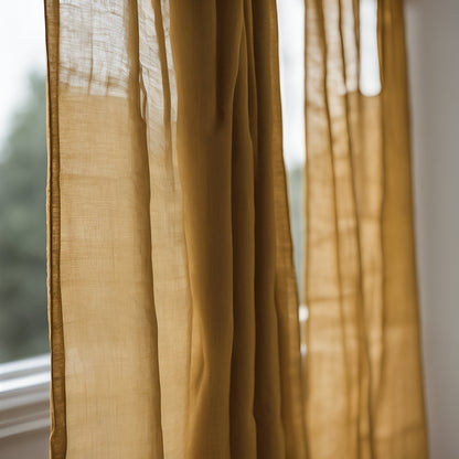 Sheer Linen Curtains, 100% linen Extra Long Curtains, Linen Curtains with rod pocket, mustard PREWASHED Sheer window panel