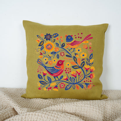 SALE LINEN Cushion cover Nordic folk art beige , decorative linen pillow cover , Floral Summer Woodland Cushion Housewarming Gift