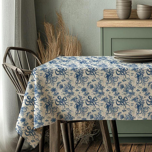 100% Linen tablecloth Blue Coastal with octopus print - French Coastal Vintage table cloth - Nautical indigo Blue Toile de jouy linen