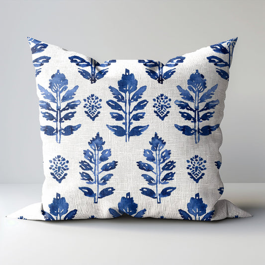 Modern indigo linen Floral Pillow Cover, white blue Boho Pillow block print on linen, Coutrynome block printed pillow case in European flax