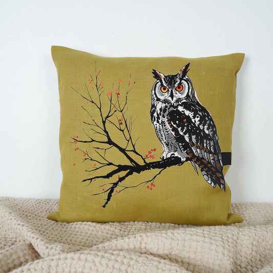LINEN Cushion cover Nordic folk art with Owl, Owl decorative linen pillow cover , Bird decor Cushion Housewarming Gift
