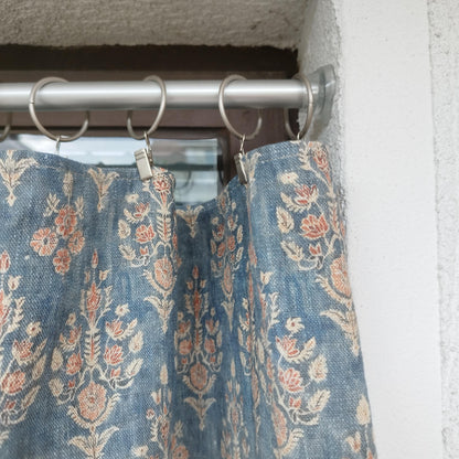 Curtains 100% Linen with indian block print blue pattern  PREWASHED. kitchen Living room farmhouse linen window panel
