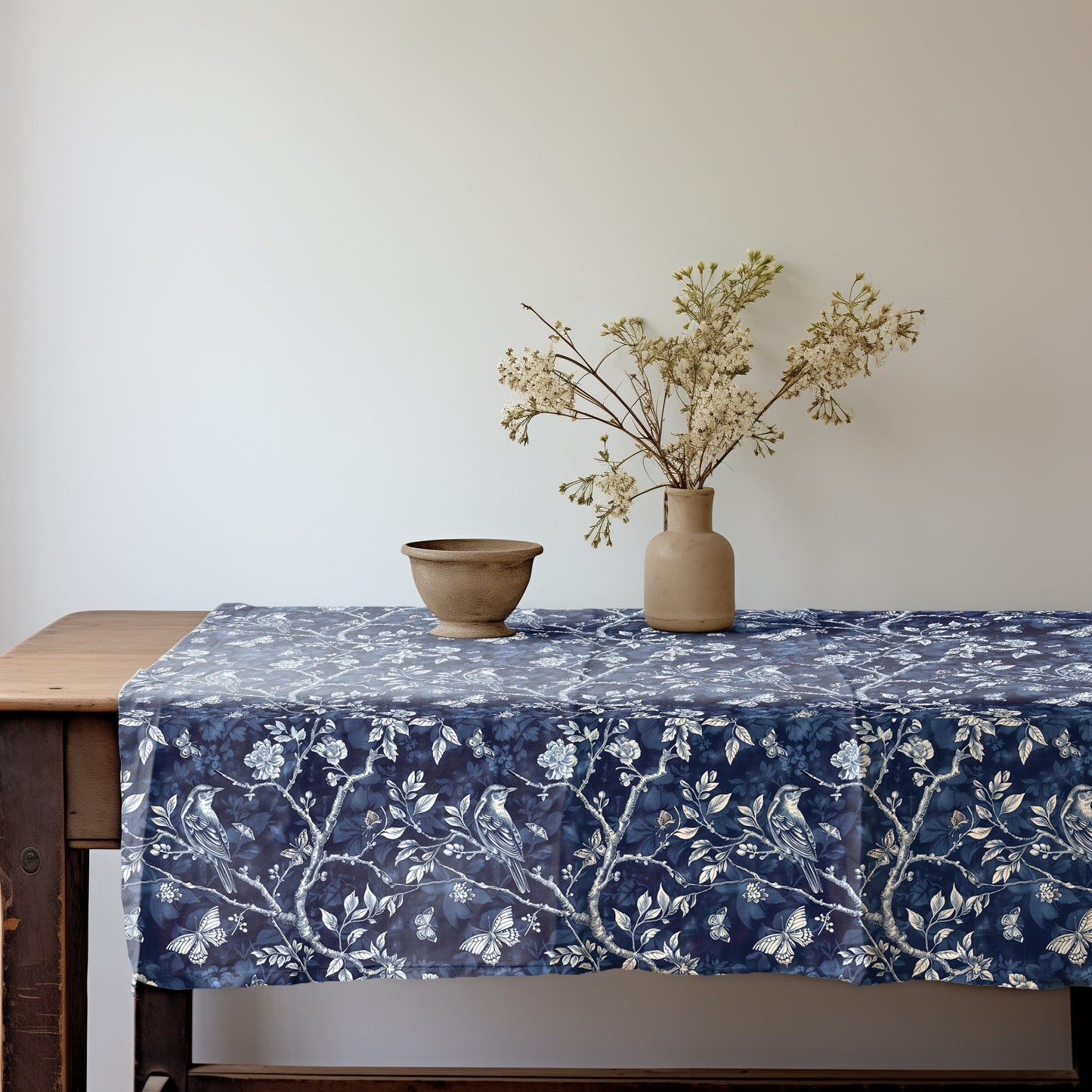 Designer blue Floral Linen tablecloth Toile de jouy blue white