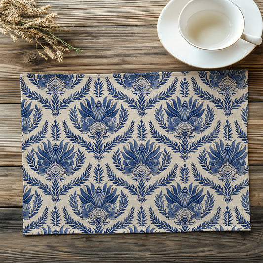 French placemat or tablecloth with Blue print -  French Retro Vintage table cloth Bohemian Blue on natural linen with floral block stamp