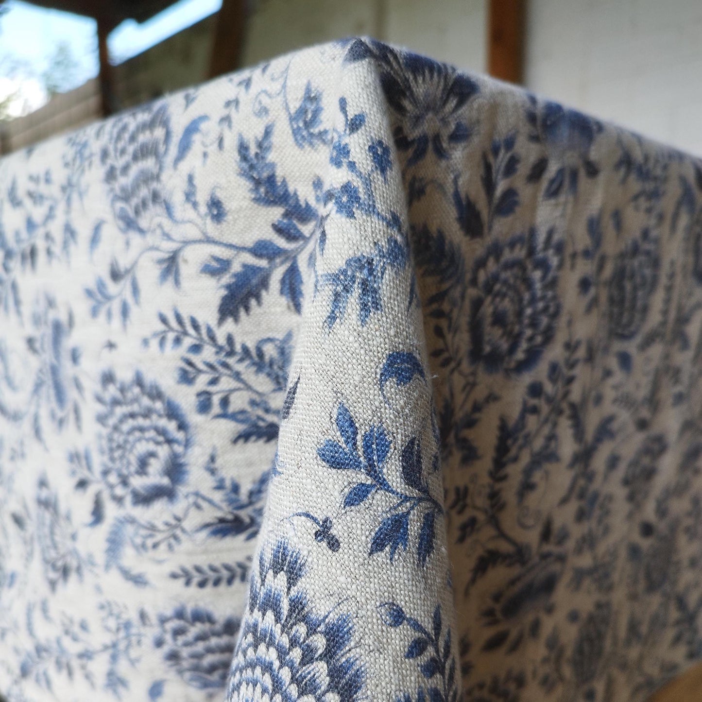 Linen foral tablecloth with blue flowers, French Retro Vintage Vibe table cloth Bohemian Wildflower Pattern