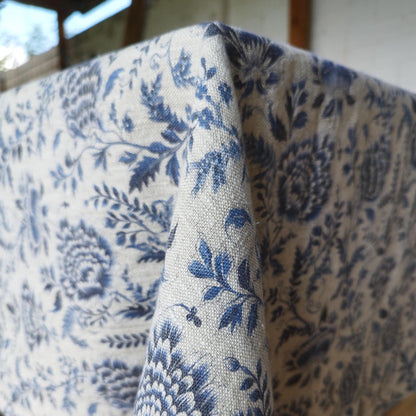 Linen foral tablecloth with blue flowers, French Retro Vintage Vibe table cloth Bohemian Wildflower Pattern