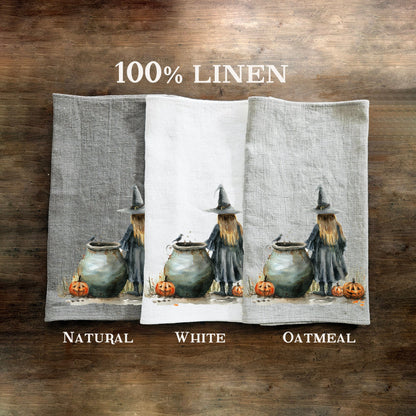 Halloween Tea Towel in linen, Pumpkins Hand Towels Tea in linen, cats linen  Dish Towel, witch hat Kitchen Décor Tea Towel in linen