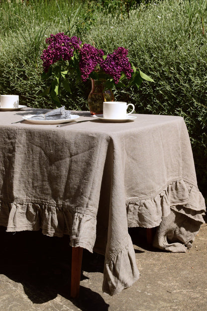 100% Linen tablecloth with RUFFLES - PREWASHED French cloth rustic country style - Farmhouse Shabby chic table decor - striped tanned white