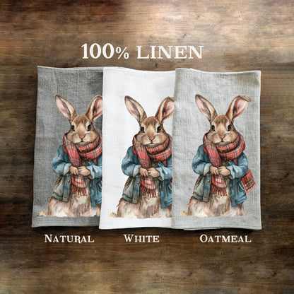 Bunny Tea Towel in linen, Rabbit Hand Towels Tea, Eastern Dish Towel, Holiday Kitchen Décor Tea Towel