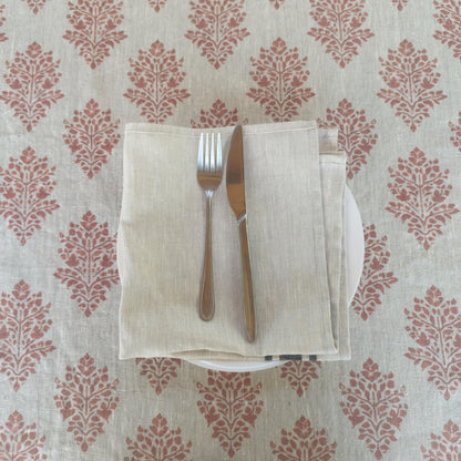 Linen foral tablecloth with red block print flowers, French Retro Vintage Vibe table cloth Bohemian Wildflower Pattern