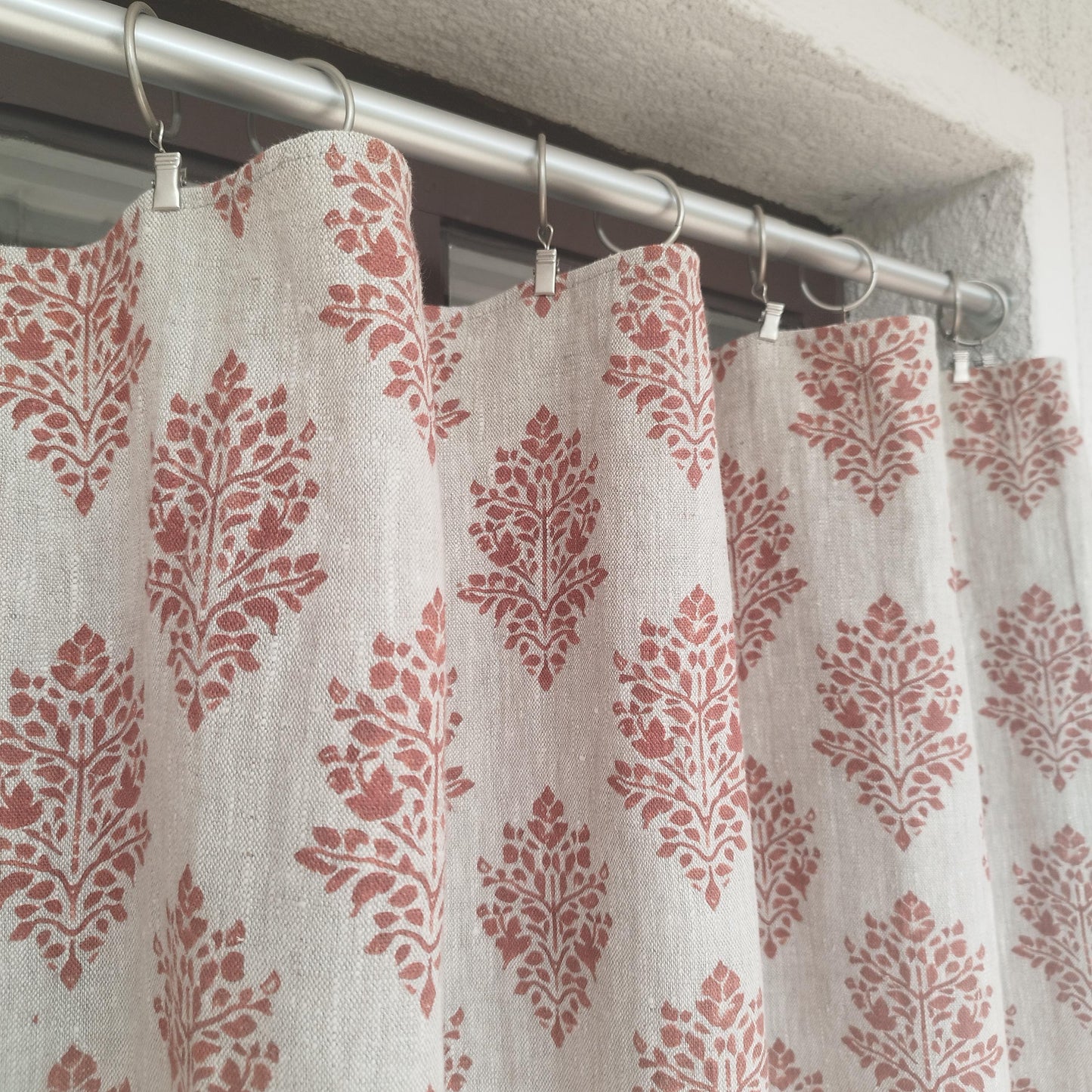 Curtains 100% Linen with red block print PREWASHED. kitchen Living room farmhouse curtains. Bedroom floral linen window panel