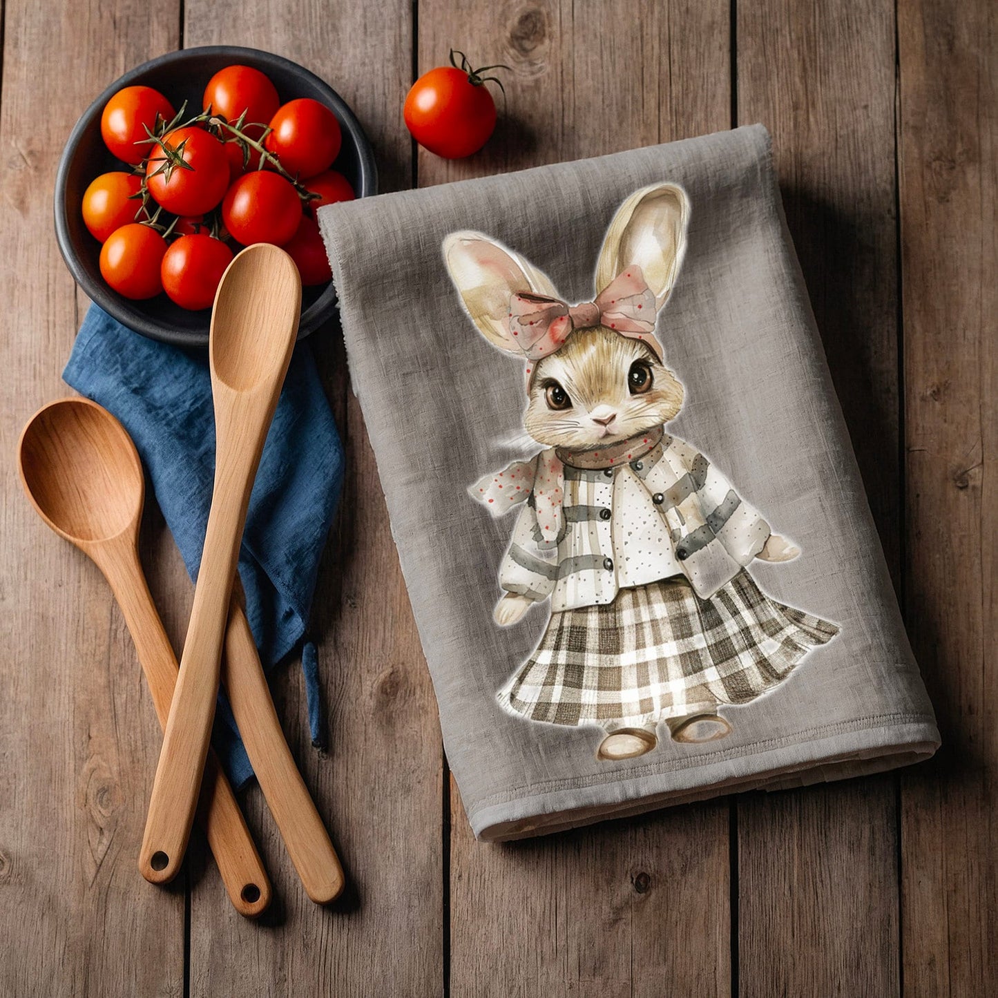 Bunny Tea Towel in linen, Rabbit Hand Towels Tea, Eastern Dish Towel, Holiday Kitchen Décor Tea Towel