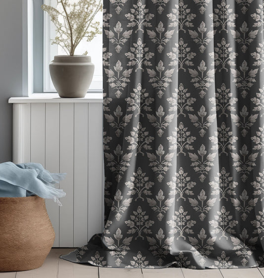 Designer gray Floral Linen curtains, grey neutral Boho curtain panel, Farmhouse Block printed curtains for living room botanical