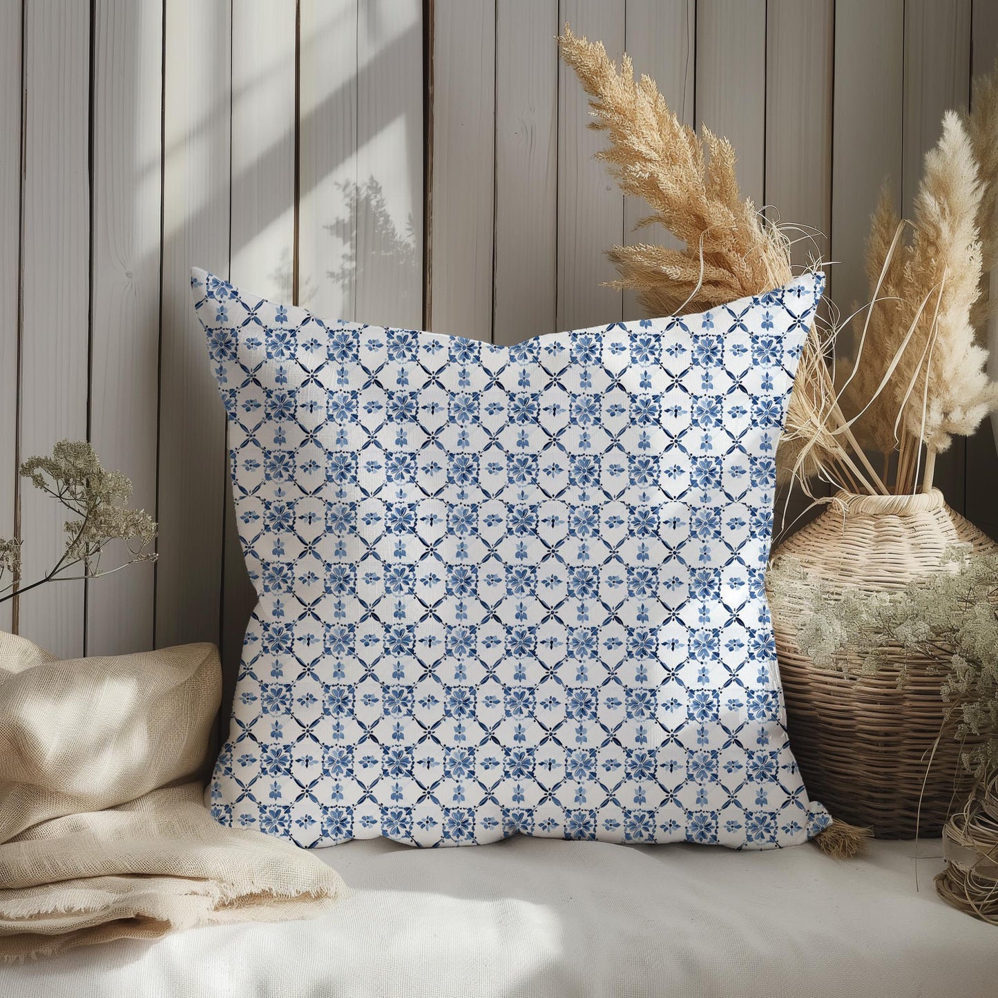 Swedish blue white Linen Pillow Cover -  Scandinavian tiles print on linen  Pillow - Contemporary indigo blue Block printed pillow on flax